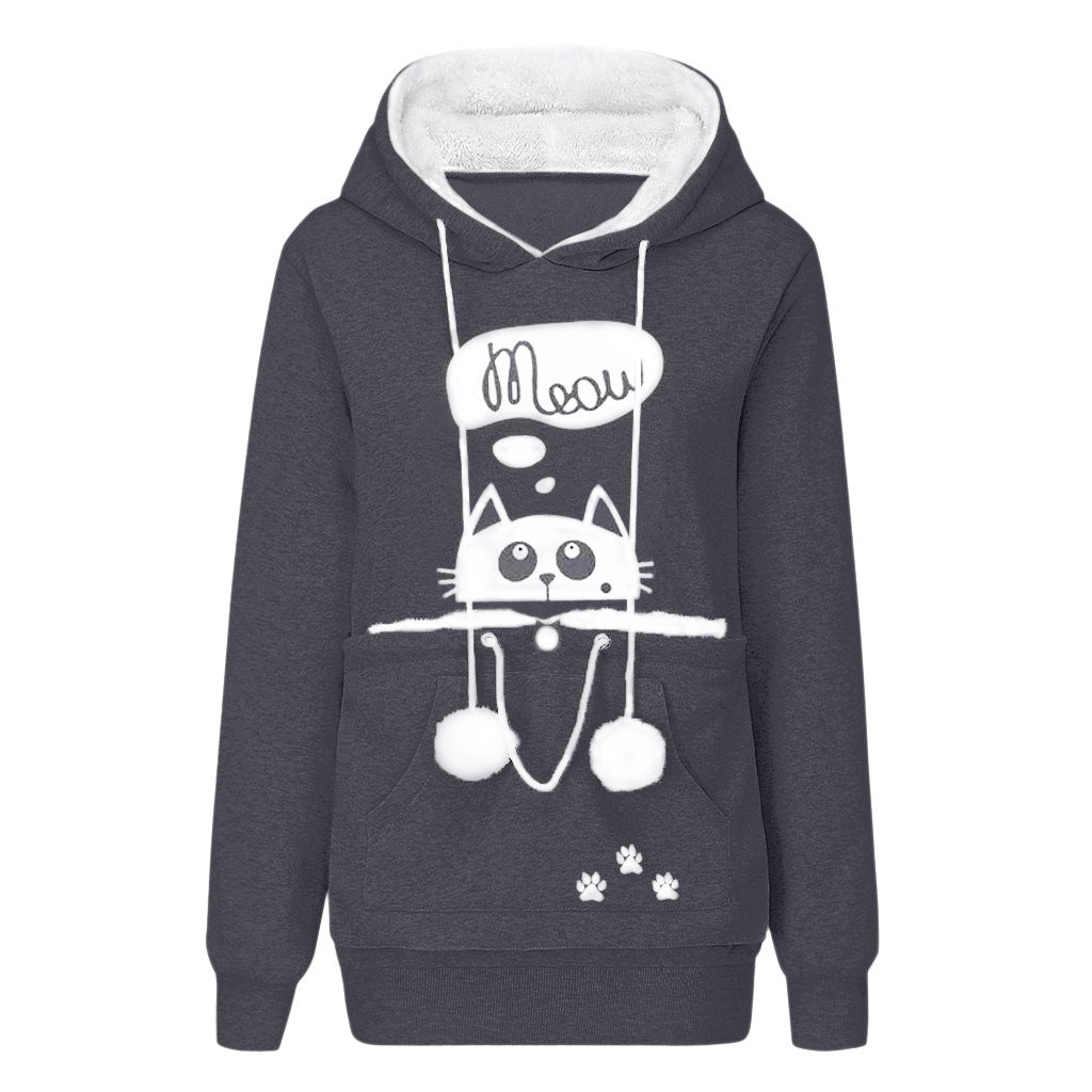 Casual Cat Print Hoodie with Big Pocket