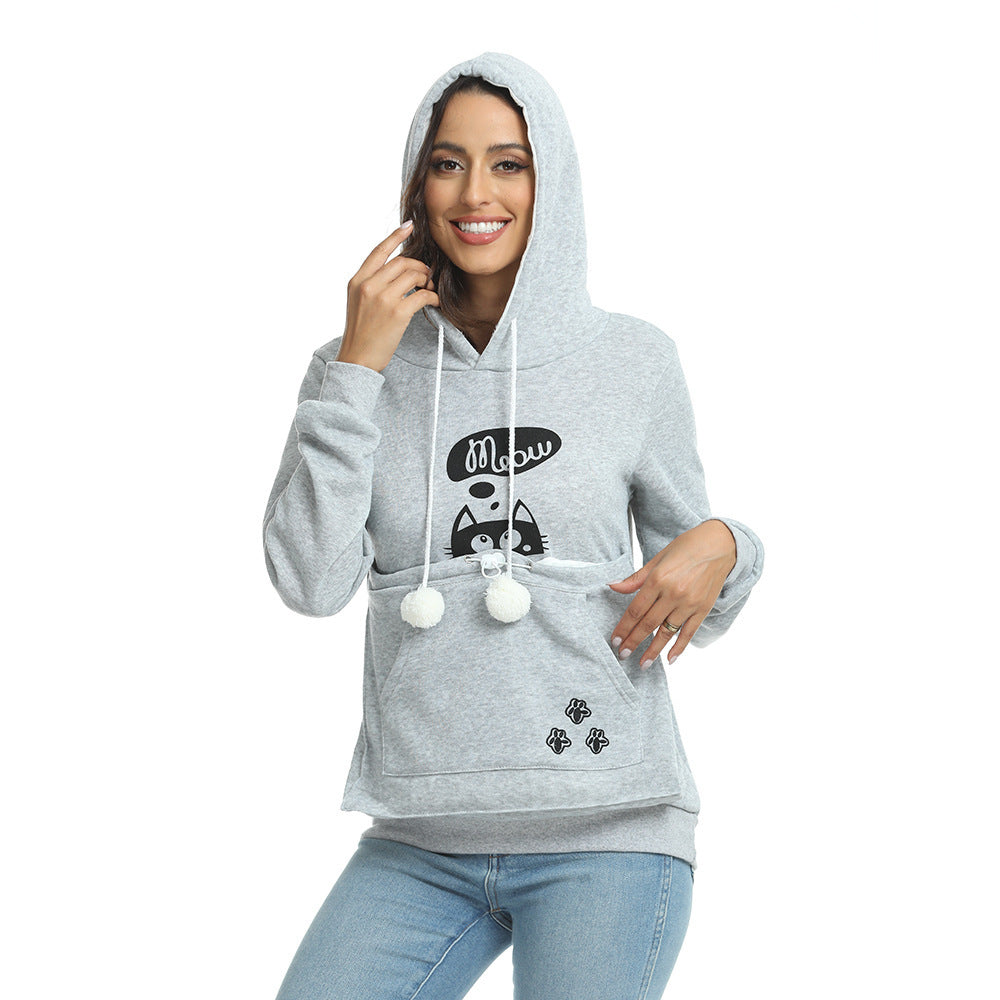 Casual Cat Print Hoodie with Big Pocket