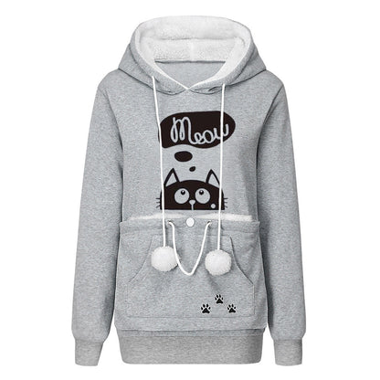 Casual Cat Print Hoodie with Big Pocket