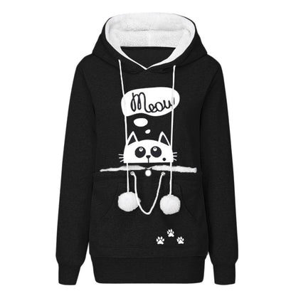 Casual Cat Print Hoodie with Big Pocket