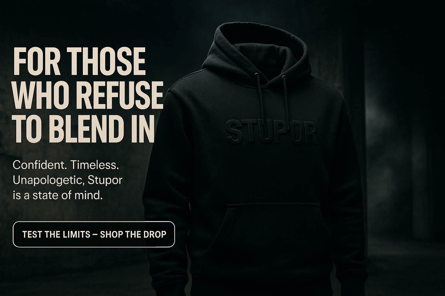 Image/Background: Full-width cinematic shot of the hoodie (urban/studio vibe).

Headline (bold overlay):
“For Those Who Refuse To Blend In.”

Subheading (smaller text):
“Confident. Timeless. Unapologetic. Stupor is a state of mind.”

CTA Button: “Test The Limits – Shop The Drop”

logo is Stupor
make sure logo is emnossed on the hoodie